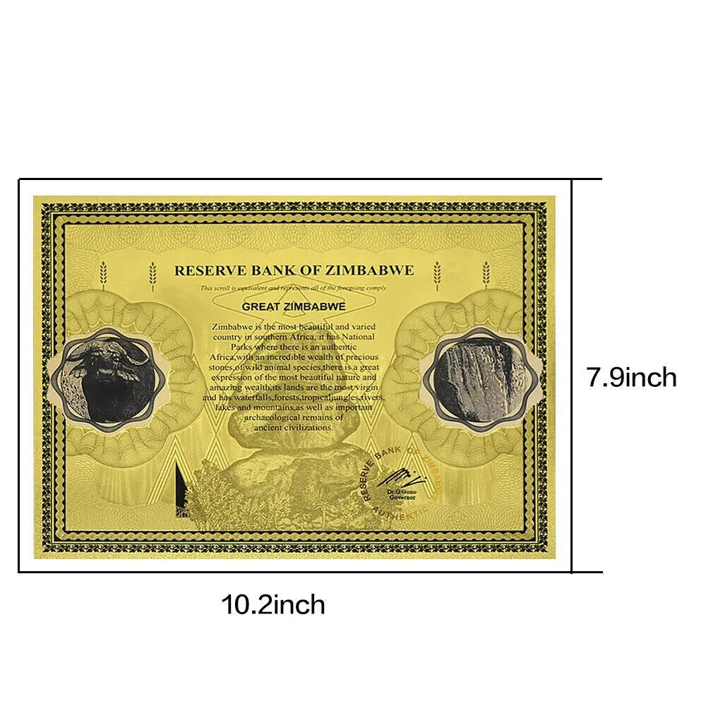 100 Trillion Dollar Gold Foil Banknote Zimbabwe Large Certificate Collectibles