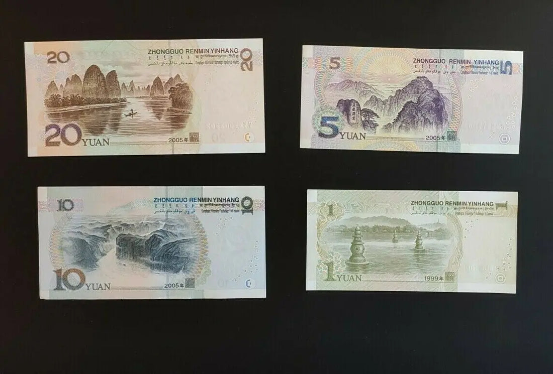 Chinese yuan banknotes in 20, 10, 5, and 1 denominations on a black background