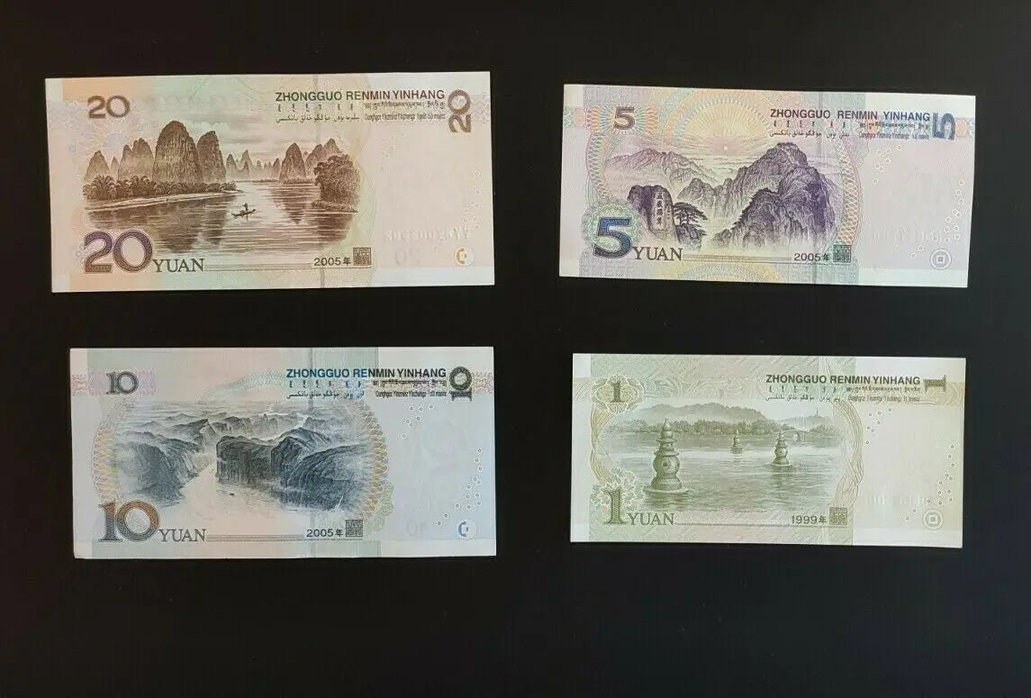 Chinese yuan banknotes featuring landscapes, 20, 10, 5, and 1 yuan notes on black background