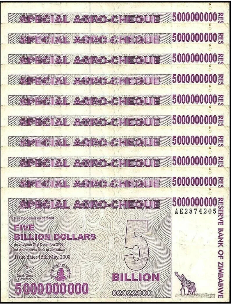 10xZimbabwe 5 Billion Dollars 2008. Good Used Condition - worldbanknote