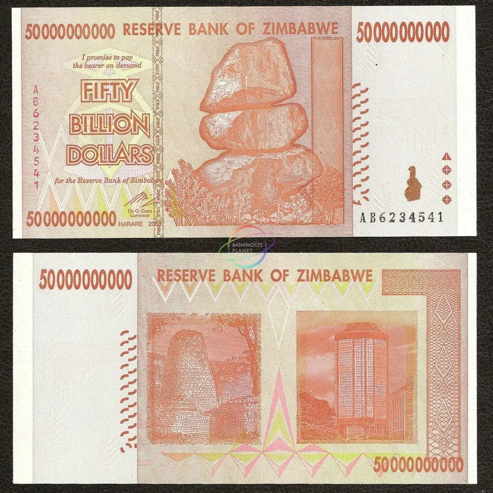 Zimbabwe 50 billion dollar banknote, featuring balancing rocks and building illustrations.