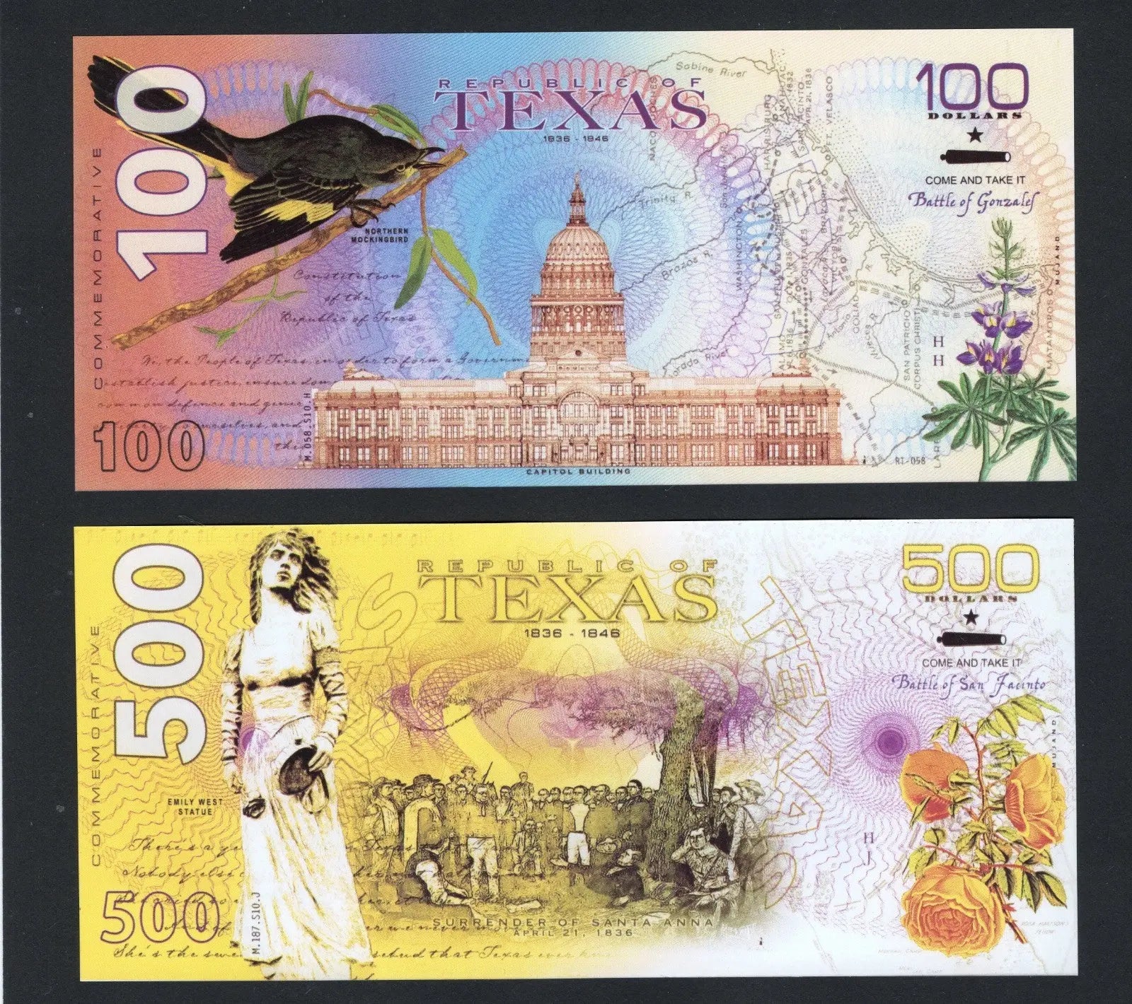 Set of 4 Republic of Texas Polymer Banknotes 20, 50, 100, 500 Dollars  Fantasy
