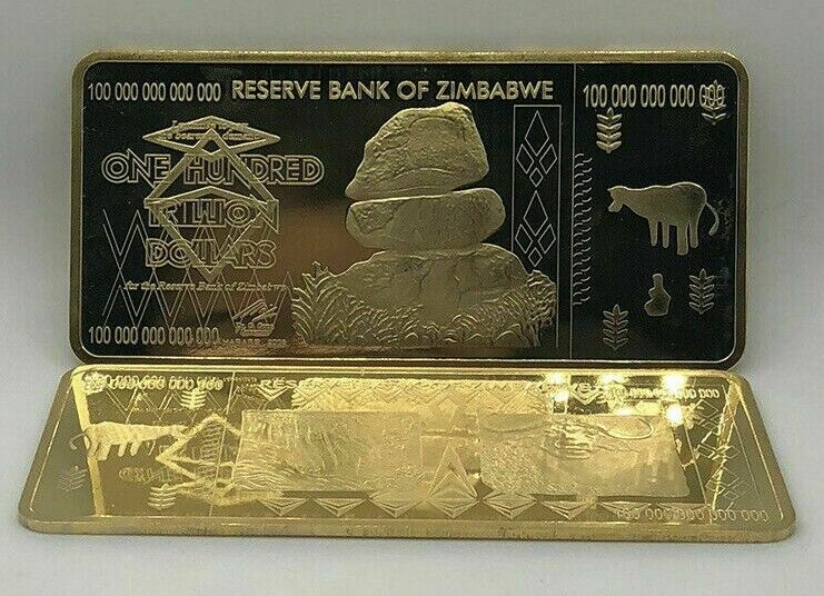 Zimbabwe 100 Trillion Dollars Gold Bullion Bar Ingot - worldbanknote