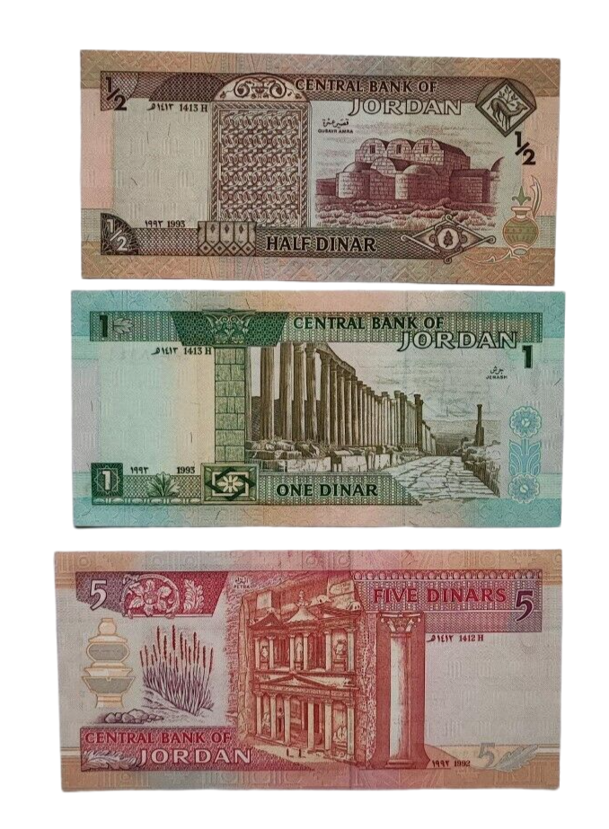 1993-97 Jordan Complete Set 5 Banknotes 1/2 1 5 10 20 Dinar P-23 24 25 26 27 UNC