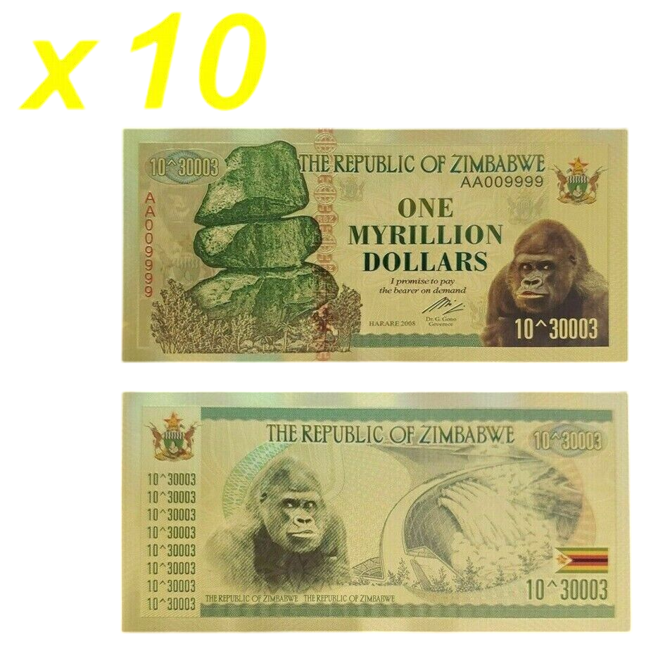 10xZimbabwe 1 Myrillion  Dollars Gold Foil Banknote