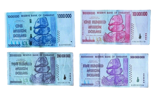 Zimbabwe million dollars banknotes set of all 4 (1,100, 200, 500 million) used