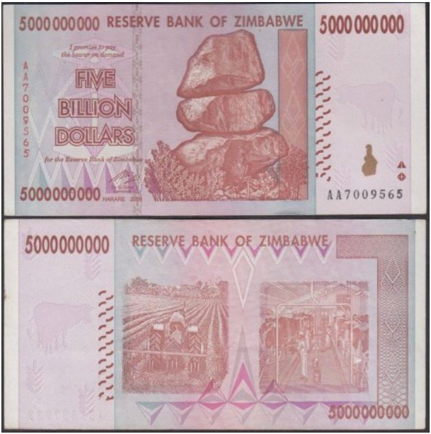 Zimbabwe five billion dollars banknotes used
