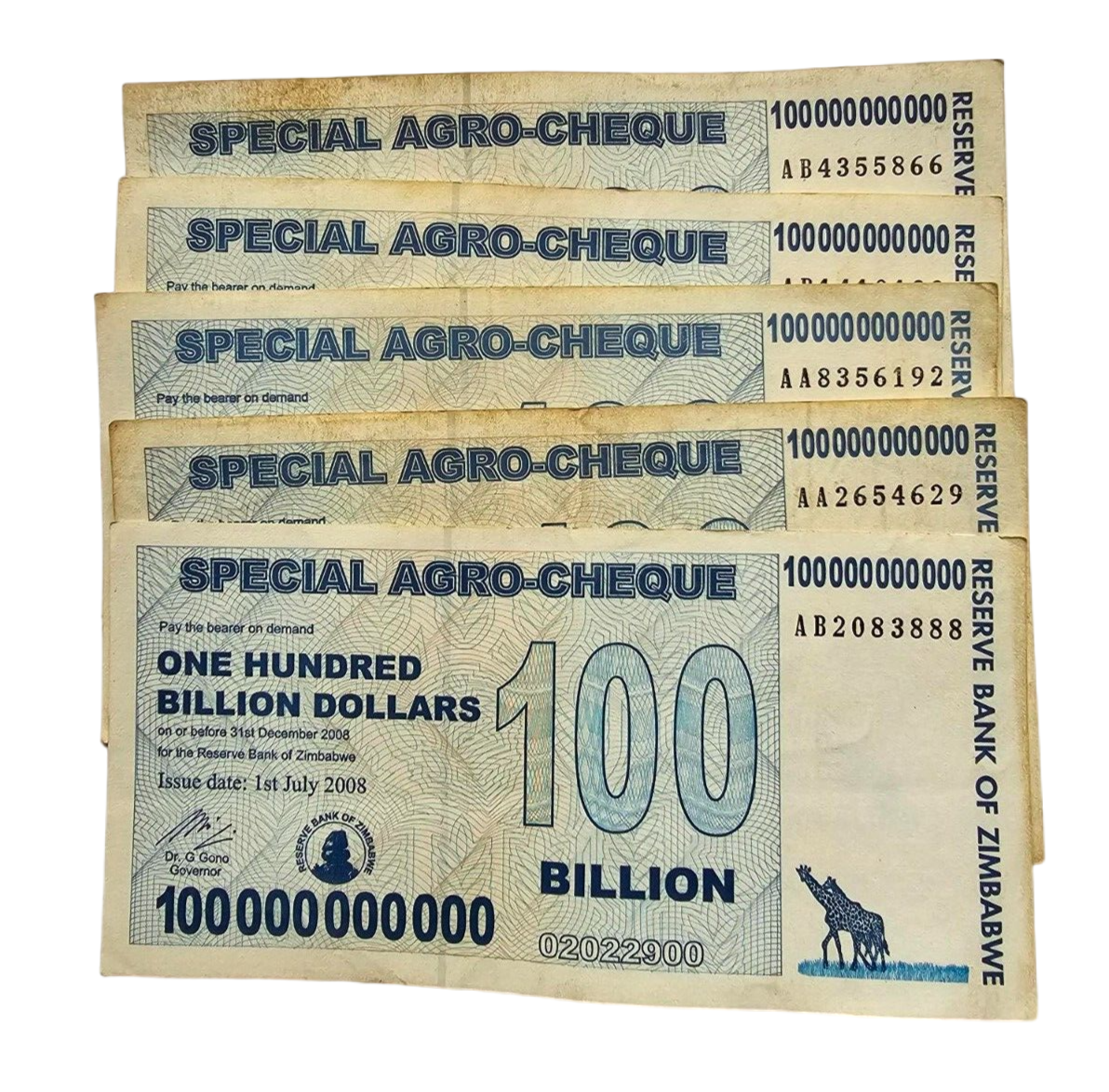 Zimbabwe 5x 100 Billion Dollars 2008 USED