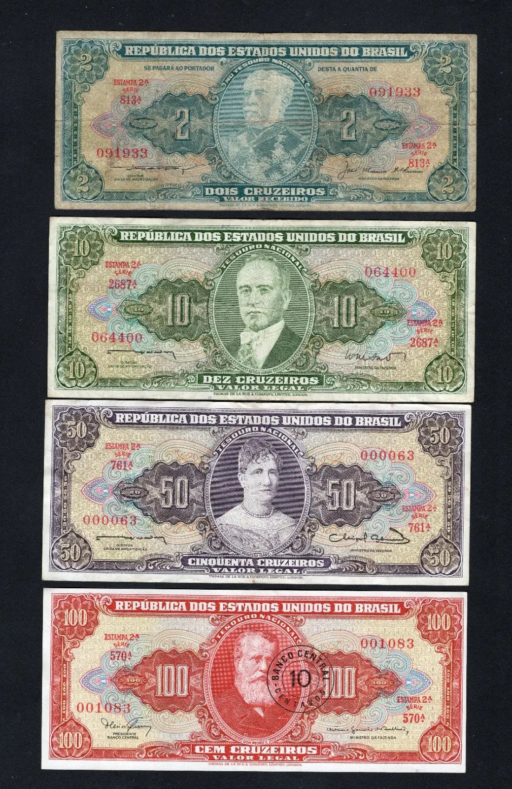 Brazil 4 Pcs  SET 2, 10 50 100 Cruzeiros 1956-1967 VERY FINE/D11