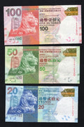 A set of 3 HSBC Hong Kong banknotes ($20, $50, $100) featuring the HSBC lion mascot and headquarters building.
