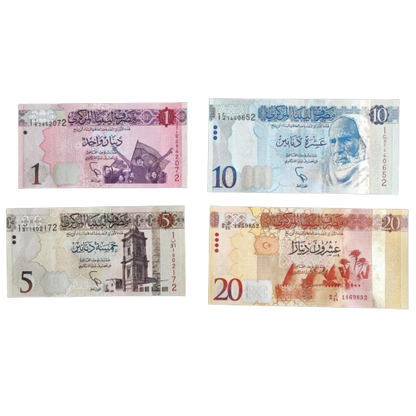 LIBYA 1,5,10,20, DINARS BANKNOTES UNC  4 PCS