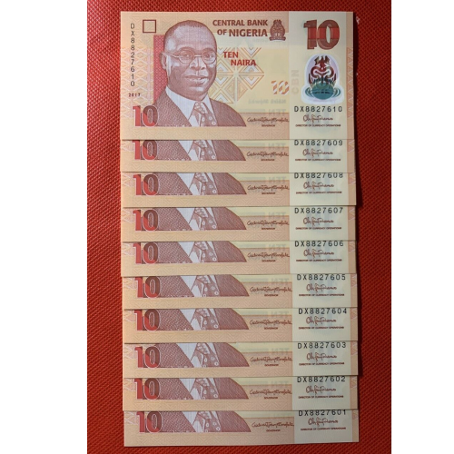 Lot 10 PCS, Nigeria 10 Naira, 2009-2019, P-38, Polymer, UNC