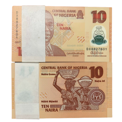 Lot 100 PCS, Nigeria 10 Naira, 2009-2019, P-38, Polymer, UNC