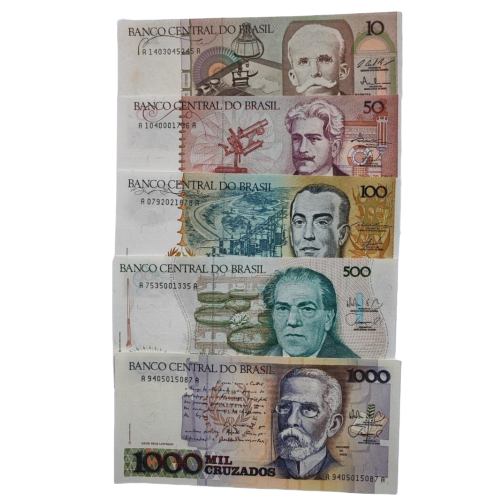 Set 5 PCS, Brazil 10, 50, 100, 500, 1000 Cruzeiros, P209-213, UNC