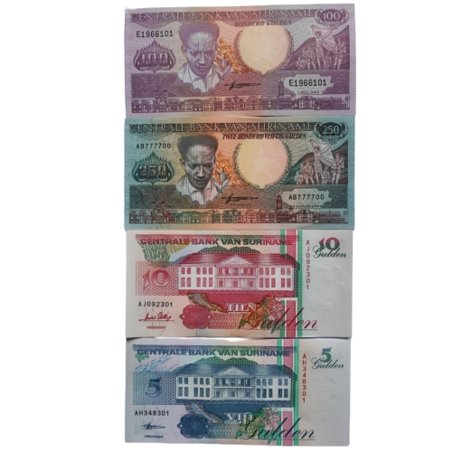 Suriname Banknote Set. 5, 10, 100,250 Gulden(1986-1998）UNC