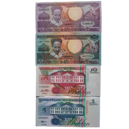 Suriname Banknote Set. 5, 10, 100,250 Gulden(1986-1998）UNC