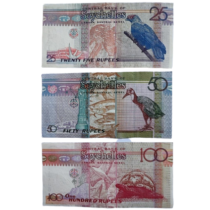 THREE 1998-2011 SEYCHELLES 25,50,100 RUPEES NOTES