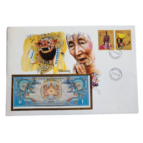 1986 Bhutan One Ngultrum Banknote Uncirculated in Stamped Envelope