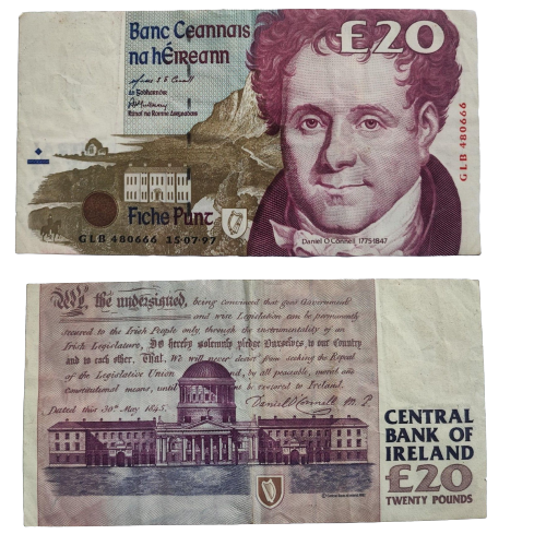 1998 CENTRAL BANK OF IRELAND TWENTY 20 POUNDS BANKNOTE In Use Condition