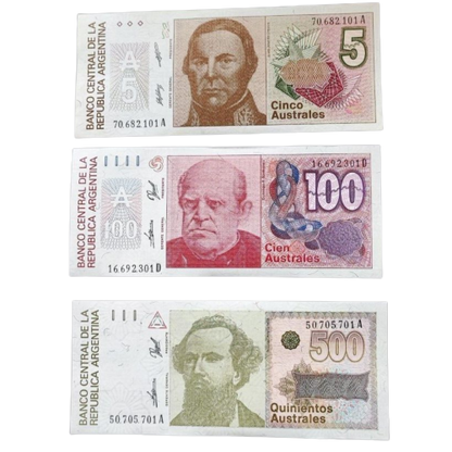 ARGENTINA  1985-1990 5,100,500 Australes 3 BANKNOTE set UNC