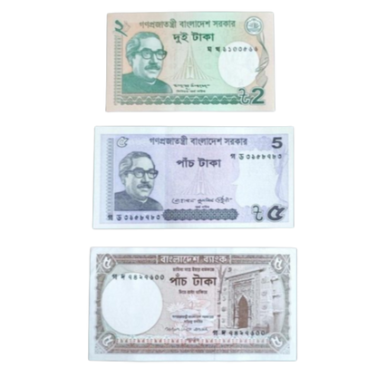 Bangladesh  3 notes set :5 Taka 2018  2 Taka 2013  5 Taka 2007  In UNC Condition