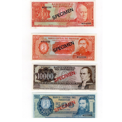 Collection of 5x Paraguay Specimen Banknotes UNC