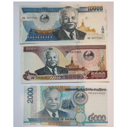 Laos 5 Set 3, 5000, 10000 and 20000 Kip, 2003 to 2011, UNC, P NEW