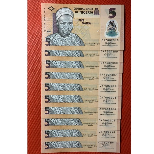 Lot 10 PCS, Nigeria 5 Naira, 2009-2019, P-38, Polymer, UNC