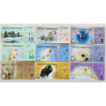 LOT 9 PCS ,Arctic 1、2、3、5、6、8、9、10、15 Dollars commemorative test notes/UNC