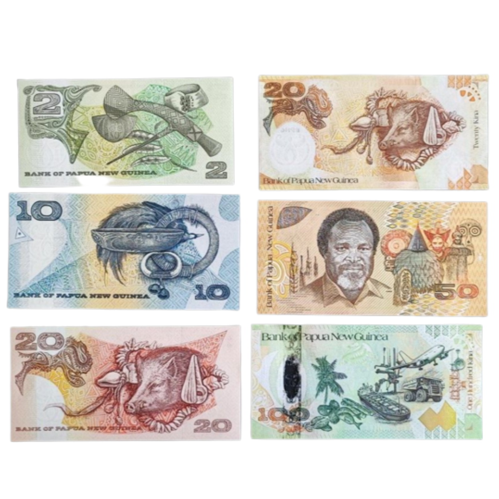 PAPUA NEW GUINEA,SET OF 6 NOTES,2-100 KINA-ALL UNC