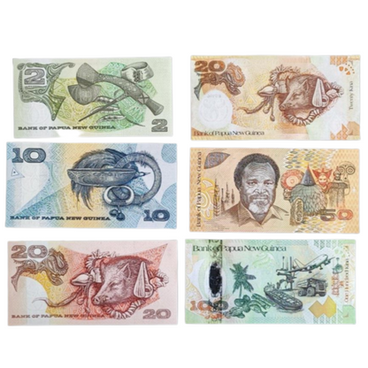 PAPUA NEW GUINEA,SET OF 6 NOTES,2-100 KINA-ALL UNC