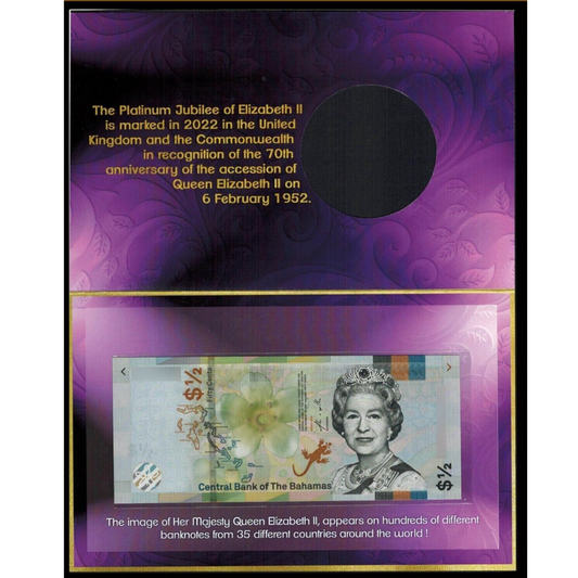 Queen Elizabeth II Banknote Bahamas 1/2 Dollar with folder