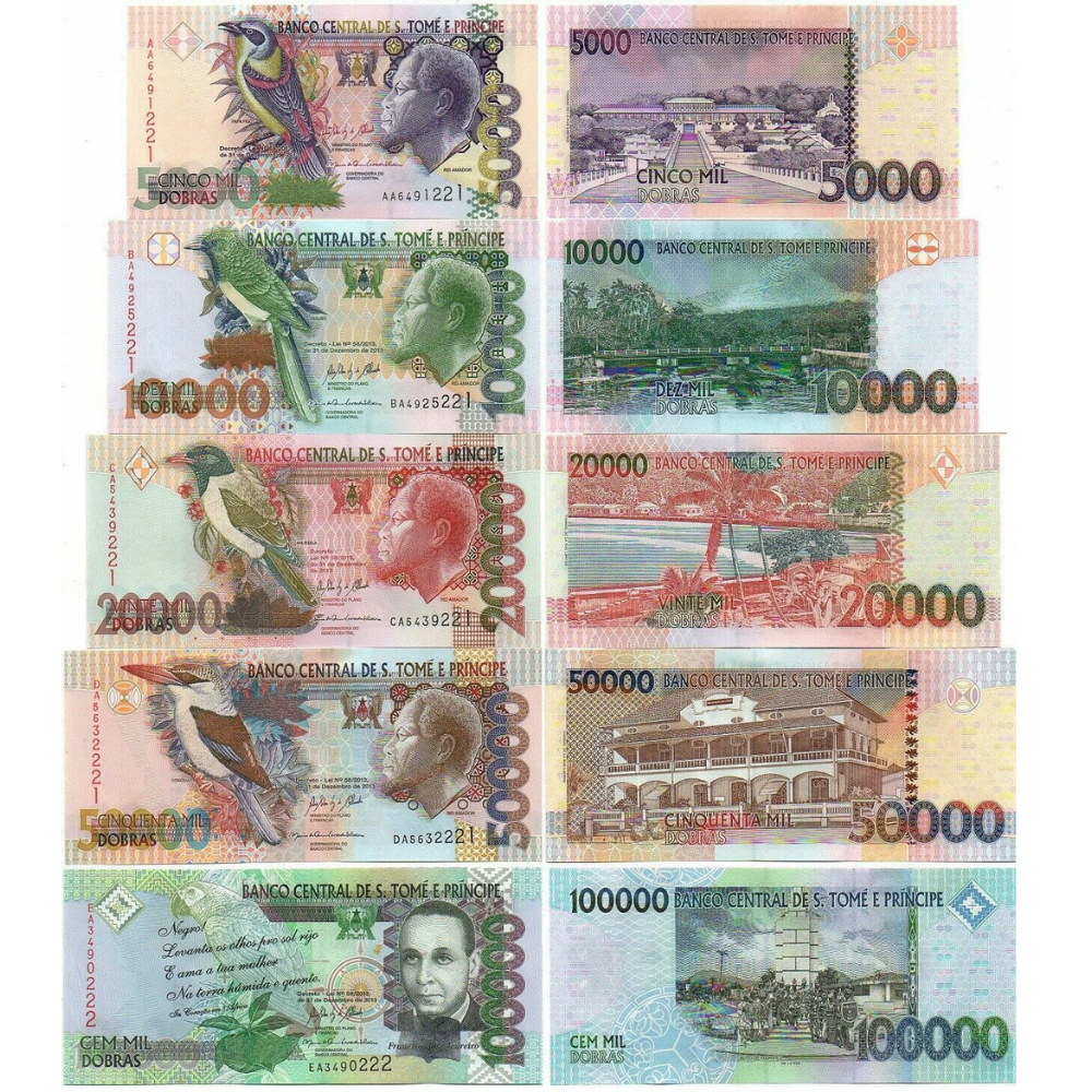 S Tome Principe set 5 banknotes 5000 10000 20000 50000 100000 Dobra 2013 UNC