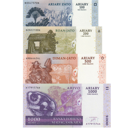 Set 4 PCS, Madagascar 100 200 500 1000 Ariary, 2004, P86-89, UNC