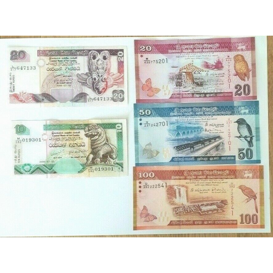 Sri Lanka 10 +20 + 20 + 50 + 100 Rupees Set of 5 Banknotes 5 PCS UNC