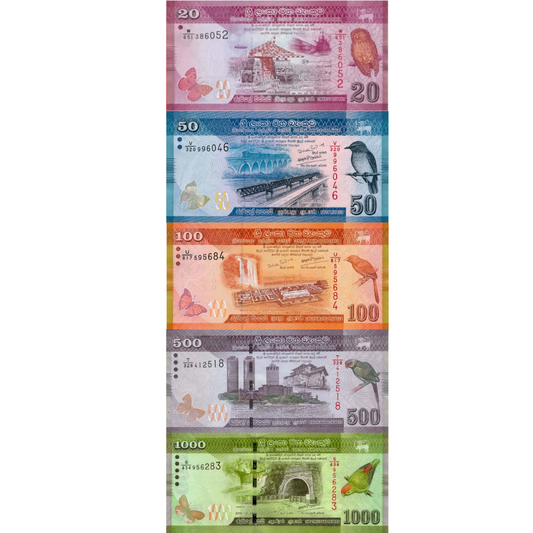 SRI LANKA 20 50 100 500 1000 Rupees New 5 Pcs Set CEYLON Bank Note UNC