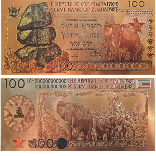 Zimbabwe 100 yottalillion Dollars Gold Foil Banknote 100 Trillion Series