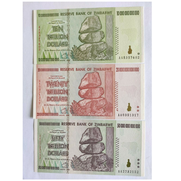 Zimbabwe Trillion Dollars set 10, 20, 50  Notes. AUNC  set of 3 all AA Prefix