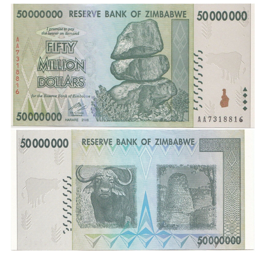 Zimbabwe 50 Million Dollars 2008 P-79 First Prefix 'AA' Banknotes UNC