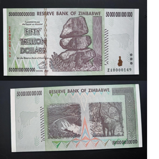 Zimbabwe  50 Trillion Dollars Replacement With  3 Digit Serial Number Rare.