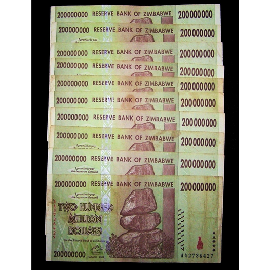 Zimbabwe 10x200 hundred million dollars banknotes used