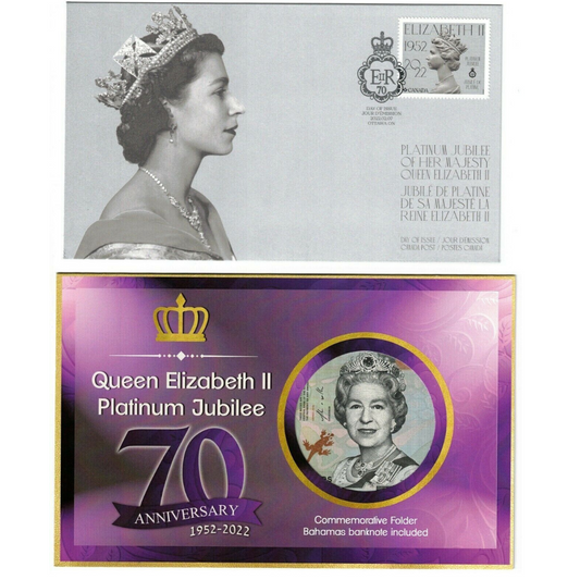 2022 Canada Stamp Queen Platinum Jubilee QEII FDC + Bahamas 1/2 Dollar