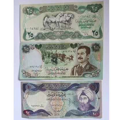 3 large size Iraqi Dinar(25,25, 10)  in very fine condition ( see description)