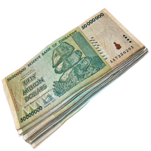 Zimbabwe 10x fifty million dollars banknotes used