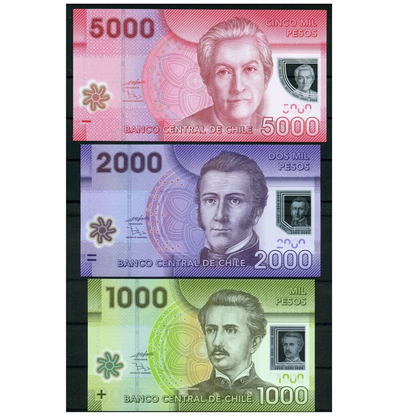 Chile $ 1000 $ 2000 & $ 5000 Polymer Banknotes UNC.