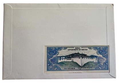 1986 Bhutan One Ngultrum Banknote Uncirculated in Stamped Envelope