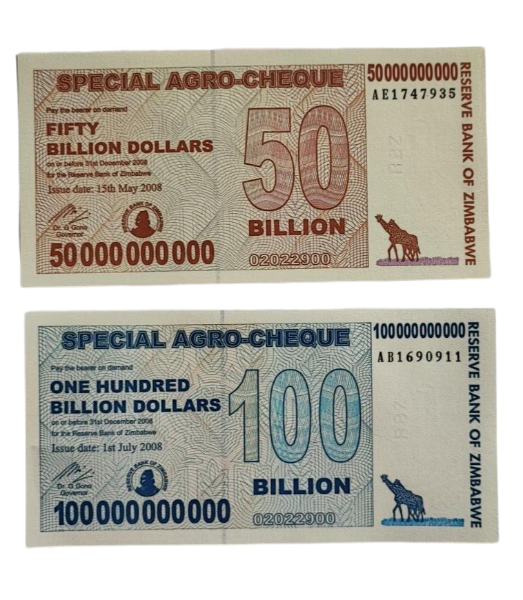 Set of 4 Zimbabwe 5 to 100 Billion Dollars Special Agro-Cheque Notea  AUNC
