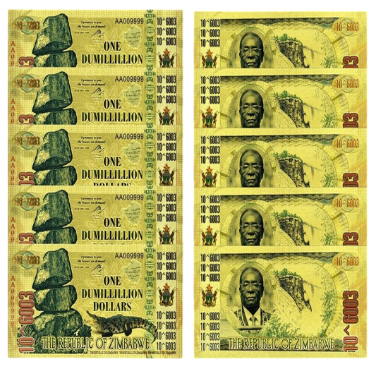 10pcs Zimbabwe Gold Foil Banknotes One Dumillillion Dollars