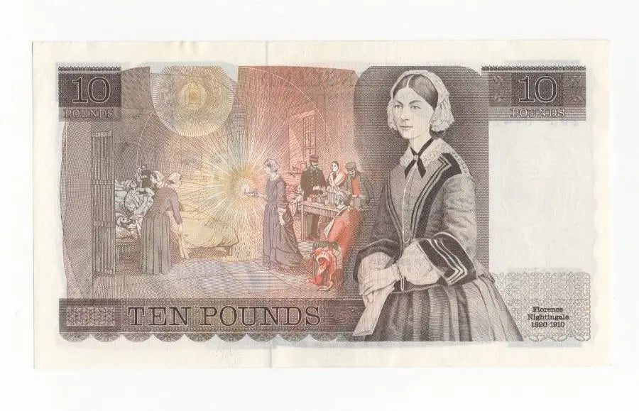 Reverse of a vintage British Ten Pound note featuring Florence Nightingale at Scutari Hospital.