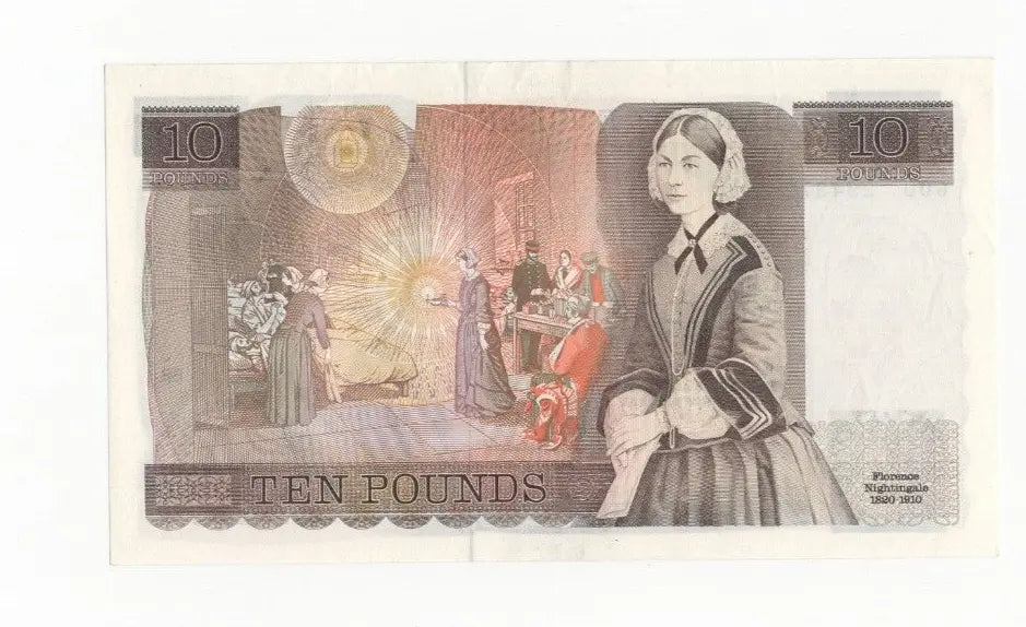 Reverse of a vintage British Ten Pound note depicting Florence Nightingale at the Scutari hospital.